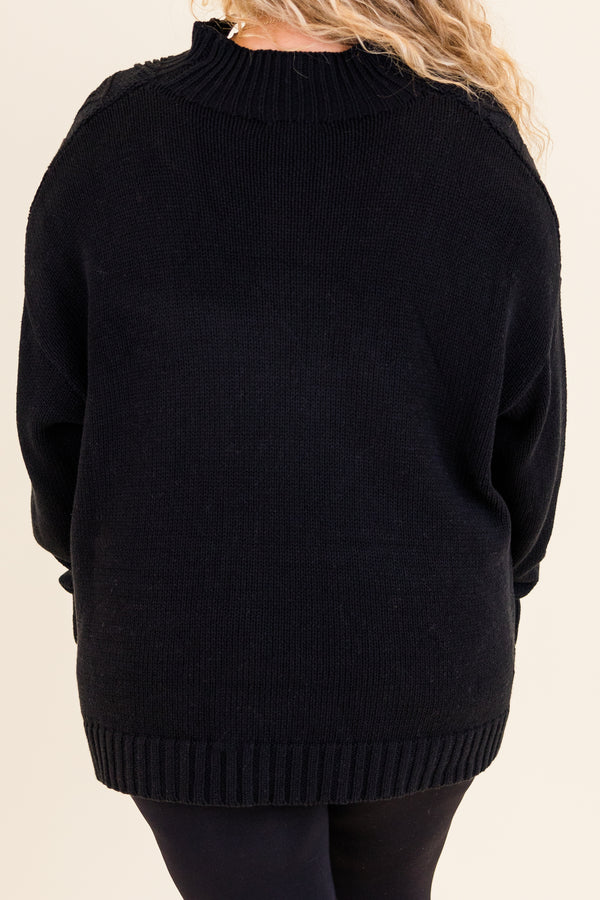 Chic Soul plus size clothing, black long sleeve cable knit zip up sweater with silver zipper and cuff sleeves