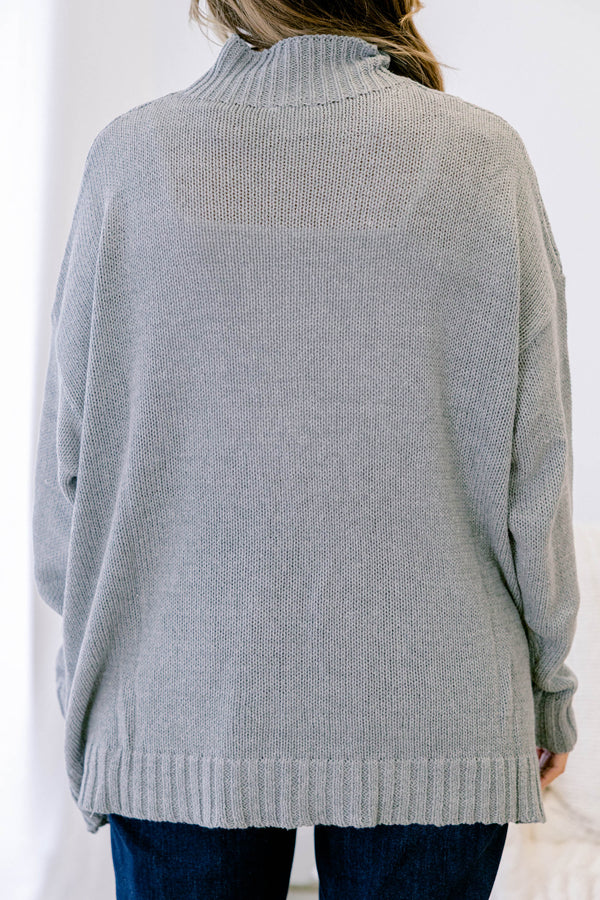Chic Soul plus size clothing, cable knit grey chunky pullover sweater with silver zip up detail with collar and cuff sleeves