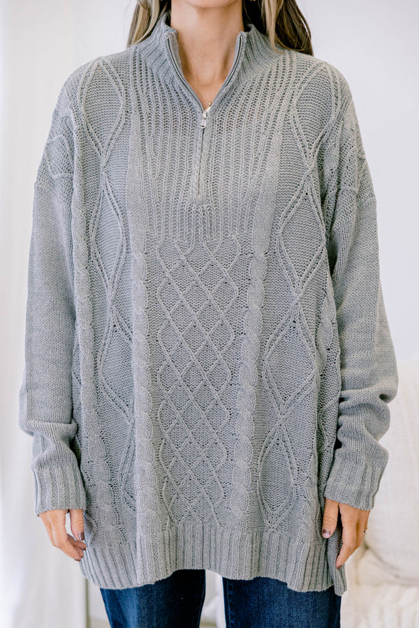 Chic Soul plus size clothing, cable knit grey chunky pullover sweater with silver zip up detail with collar and cuff sleeves