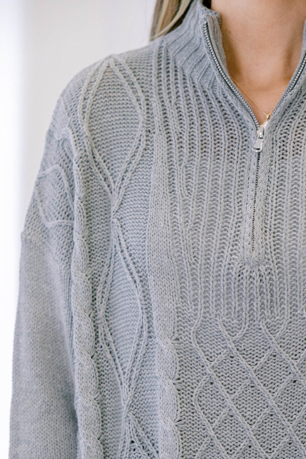 Chic Soul plus size clothing, cable knit grey chunky pullover sweater with silver zip up detail with collar and cuff sleeves