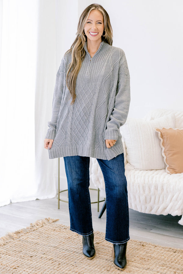 Chic Soul plus size clothing, cable knit grey chunky pullover sweater with silver zip up detail with collar and cuff sleeves