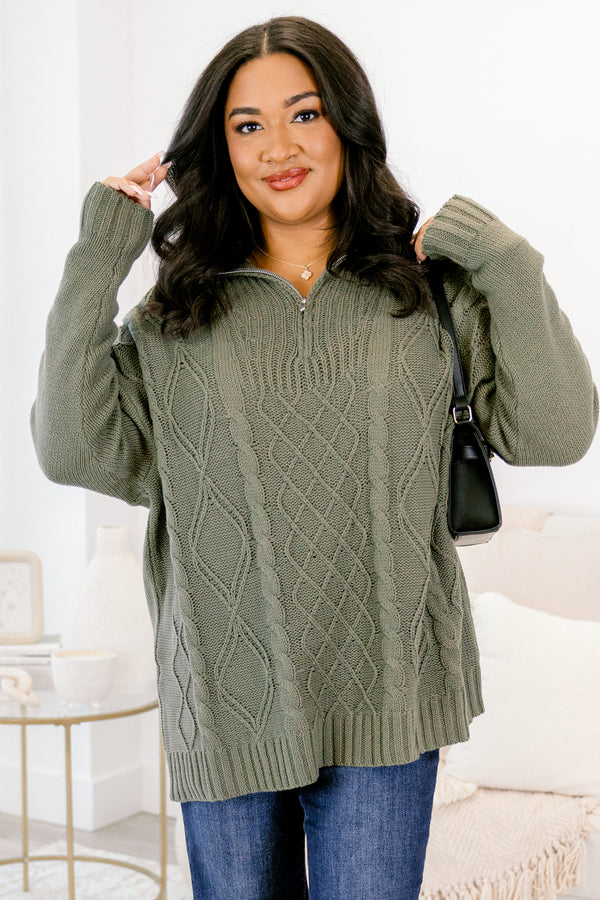 Chic Soul plus size clothing, olive green long sleeve quarter zip sweater with collar and cableknit textured pattern