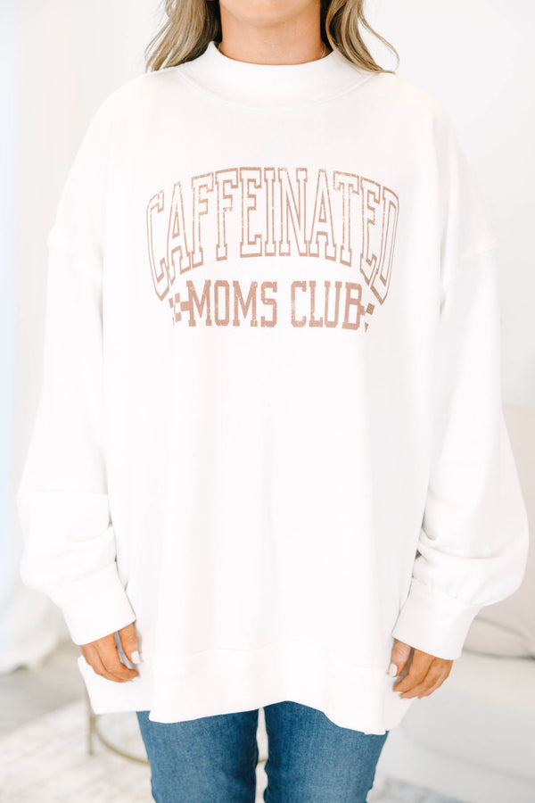 Ivory Caffeinated Moms Club mock neck pullover with a relaxed, flowy fit