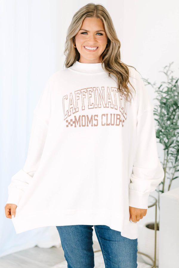 Ivory Caffeinated Moms Club mock neck pullover with a relaxed, flowy fit