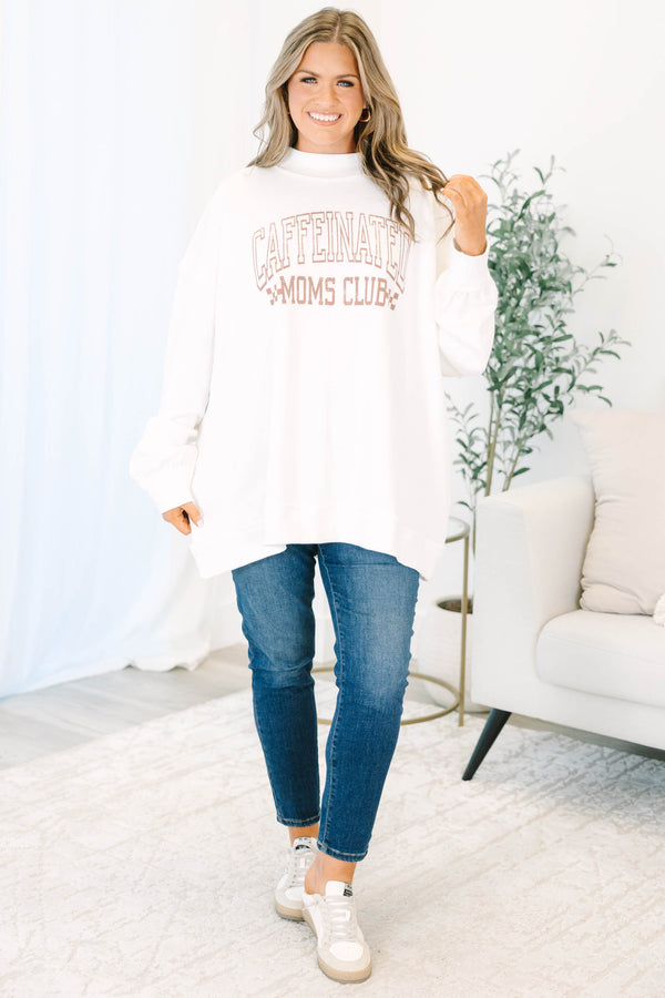 Ivory Caffeinated Moms Club mock neck pullover with a relaxed, flowy fit