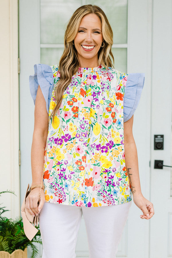 Chic Soul plus size clothing, short-flutter-sleeve multi-colored floral top with a ruffled mock neck and a multi-colored floral pattern with navy blue color-block sleeves 