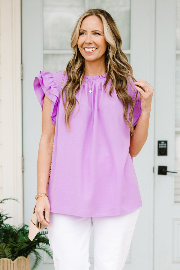 chic soul plus size clothing, silk purple shirt with flutter sleeves 