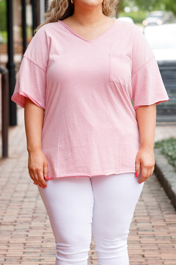 Chic Soul plus size clothing, pink short sleeves v neck top with a front pocket