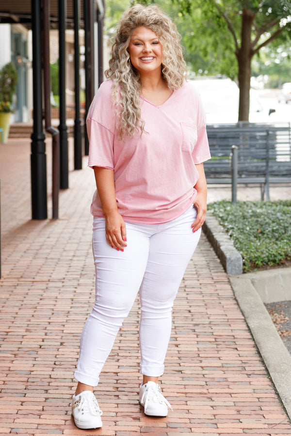 Chic Soul plus size clothing, pink short sleeves v neck top with a front pocket