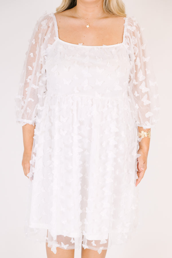 Chic Soul plus size clothing, white babydoll dress with sheer butterfly pattern and bubble sleeves