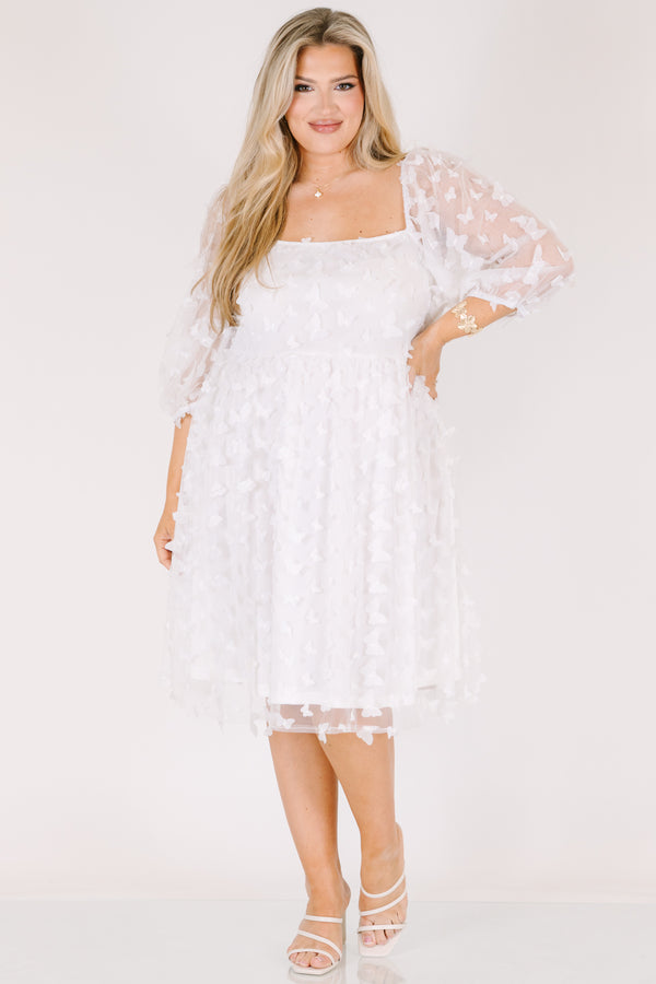 Chic Soul plus size clothing, white babydoll dress with sheer butterfly pattern and bubble sleeves