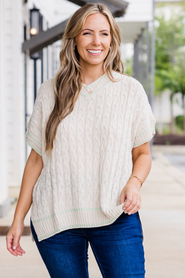 Chic Soul plus size clothing, oatmeal short sleeve sweater top with v neckline with slit in the side with cable knit detailing