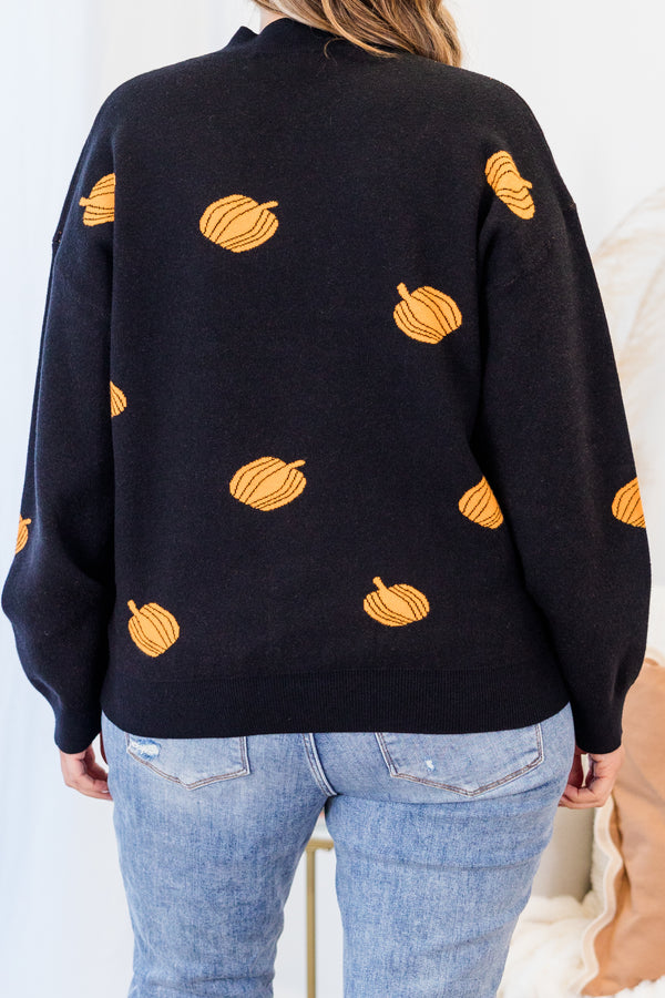 Chic Soul plus size clothing, black long sleeve knit sweater with mock neckline and orange pumpkin details