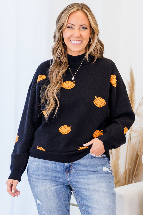 Chic Soul plus size clothing, black long sleeve knit sweater with mock neckline and orange pumpkin details