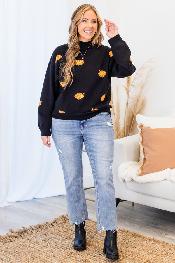 Chic Soul plus size clothing, black long sleeve knit sweater with mock neckline and orange pumpkin details