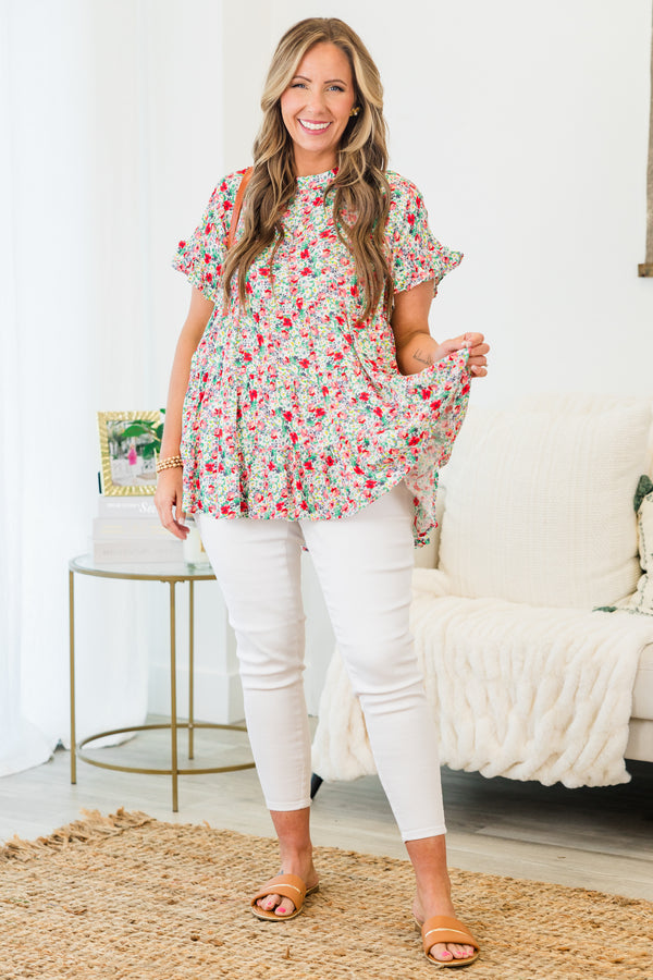 Chic Soul plus size clothing, mint-coral short sleeve tired small floral multicolored print top with round neckline with ruffle detail on sleeves