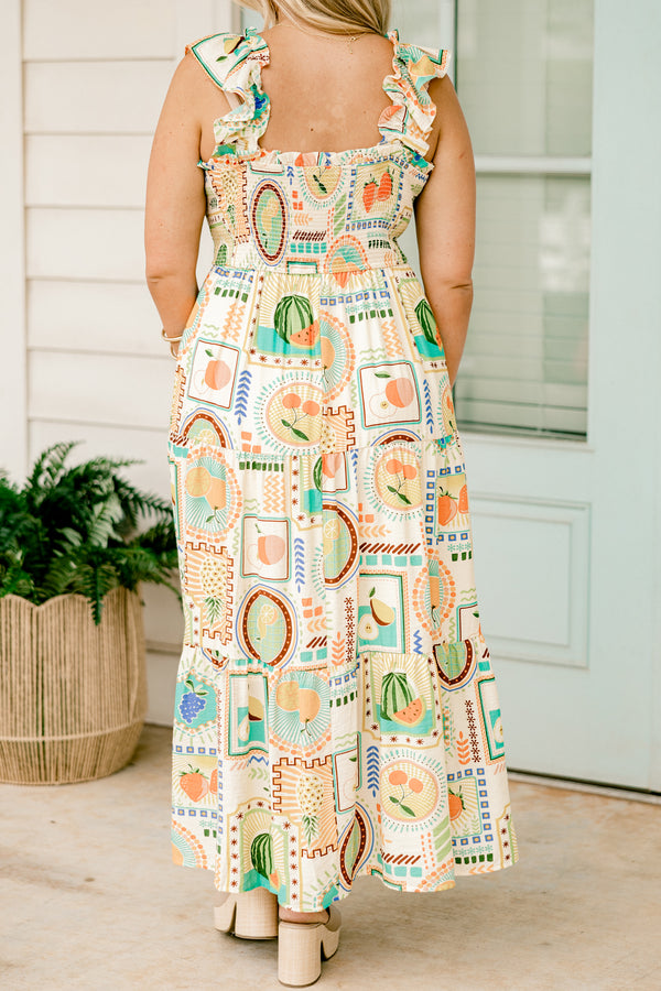 Chic Soul plus size clothing, orange  maxi dress with ruffle details on the straps and various fruit graphics throughout 