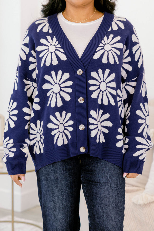 Chic Soul plus size clothing, navy long sleeve button up cardigan with white floral print