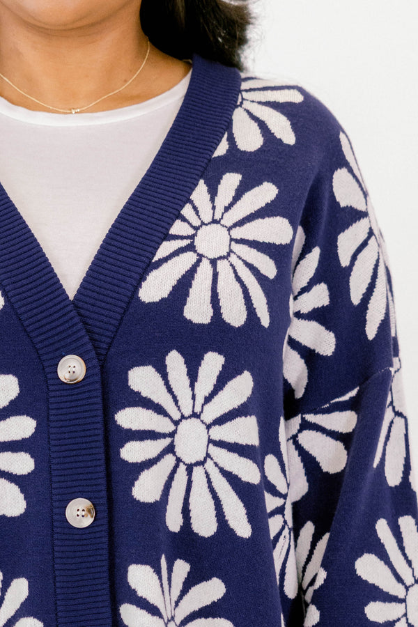 Chic Soul plus size clothing, navy long sleeve button up cardigan with white floral print
