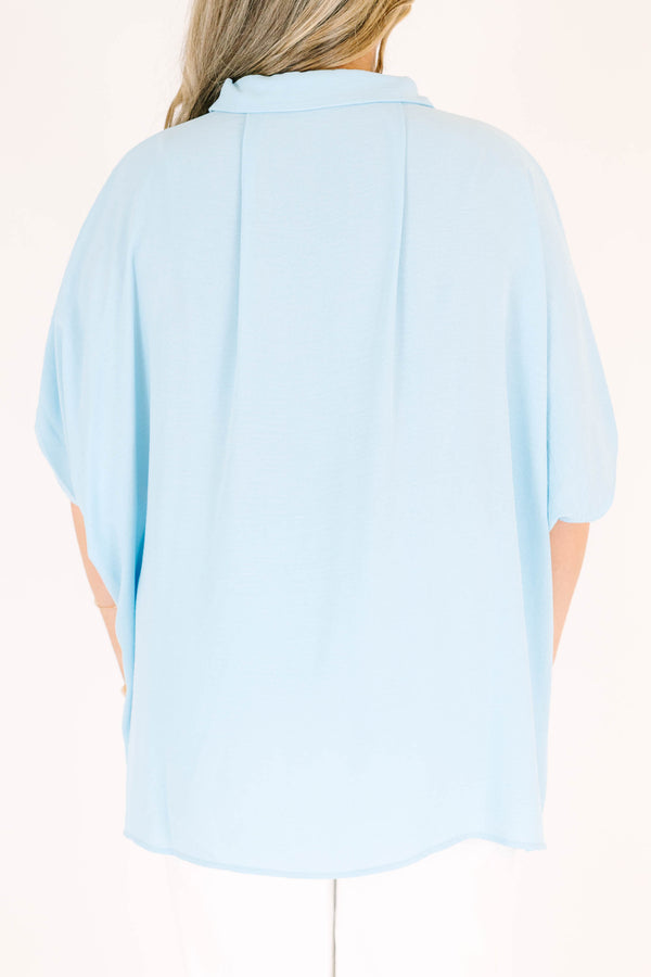 Chic soul plus size clothing, Blue casual button-up top with a half sleeves and a V-neck collar