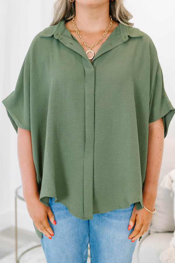 Plus size flowy olive green short sleeve button-down top