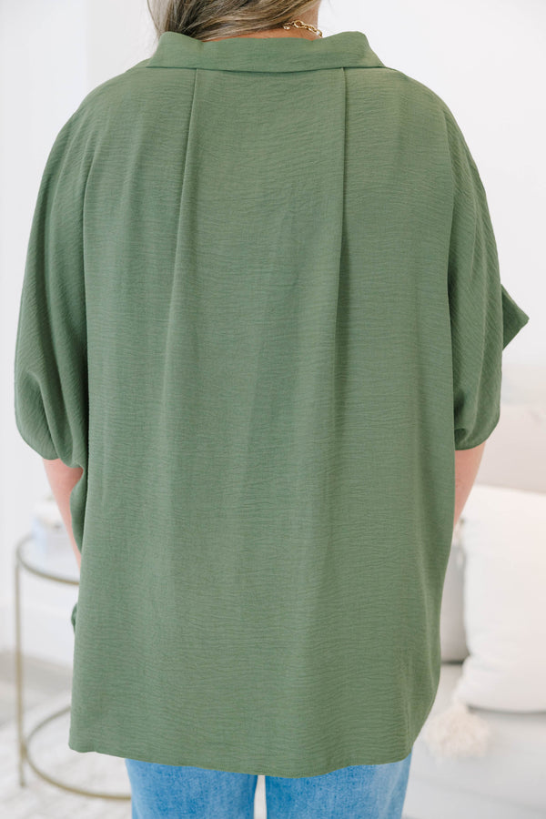Plus size flowy olive green short sleeve button-down top