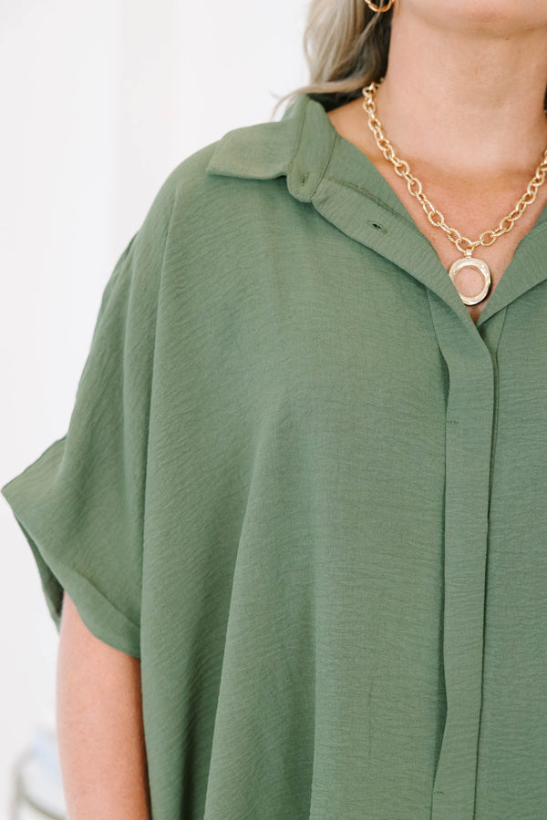 Plus size flowy olive green short sleeve button-down top