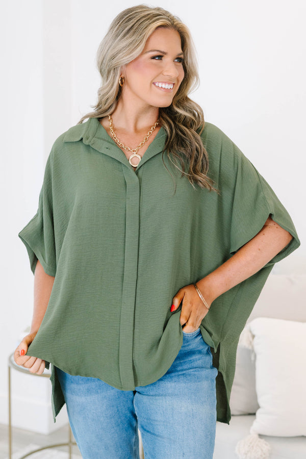 Plus size flowy olive green short sleeve button-down top
