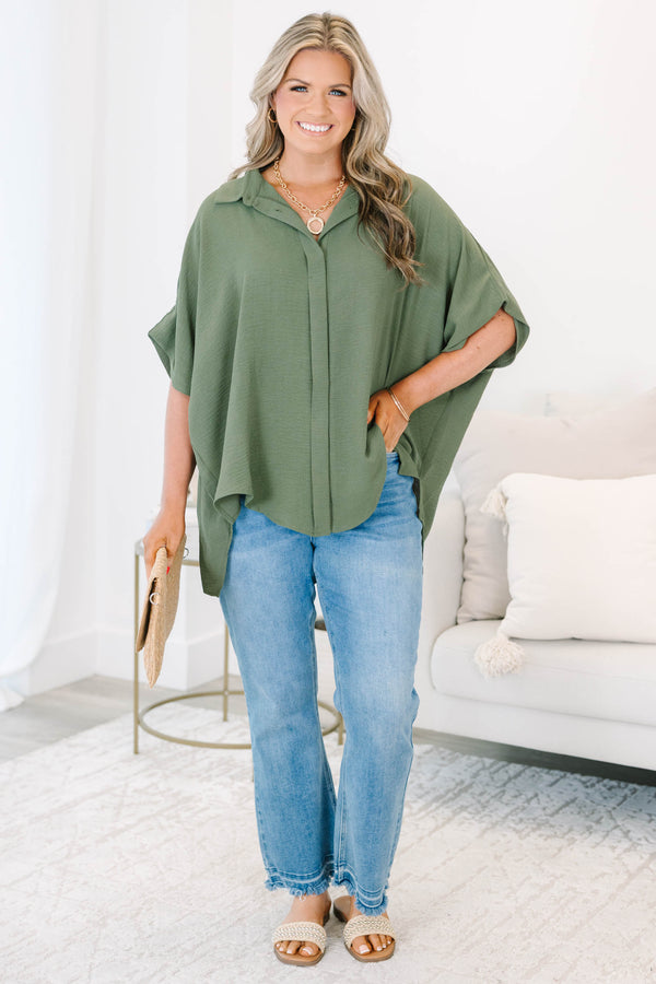 Plus size flowy olive green short sleeve button-down top