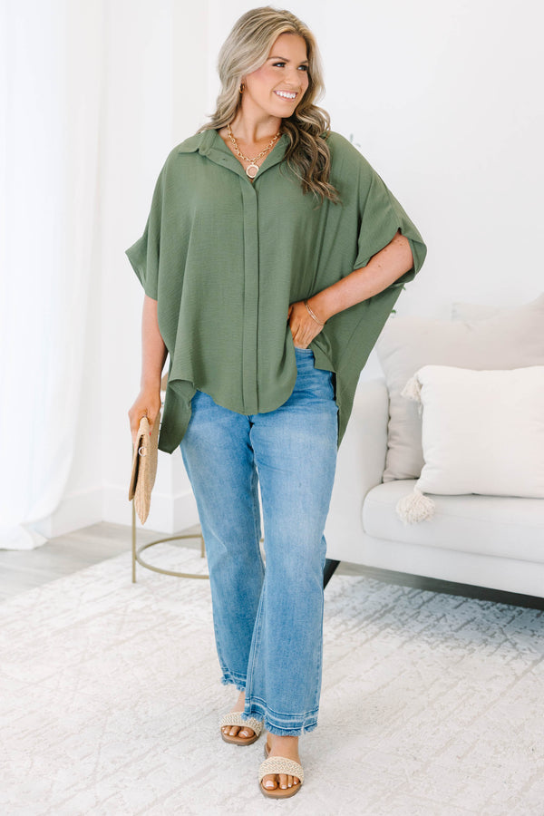 Plus size flowy olive green short sleeve button-down top