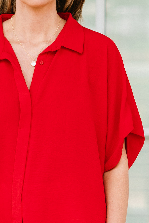 Chic Soul plus size clothing, short-sleeve high-low hemline collared red top with a split-v-neckline 