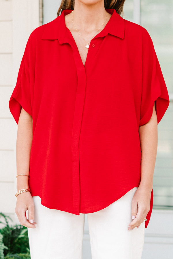 Chic Soul plus size clothing, short-sleeve high-low hemline collared red top with a split-v-neckline 