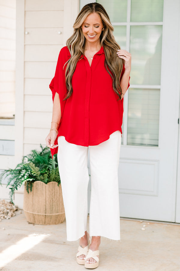 Chic Soul plus size clothing, short-sleeve high-low hemline collared red top with a split-v-neckline 