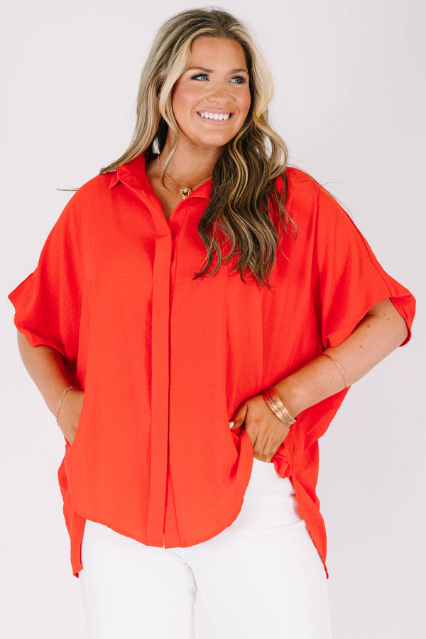Chic Soul plus size clothing, short-sleeve high-low hemline collared red top with a split-v-neckline 