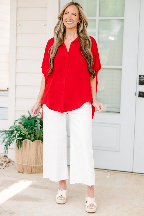 Chic Soul plus size clothing, short-sleeve high-low hemline collared red top with a split-v-neckline 