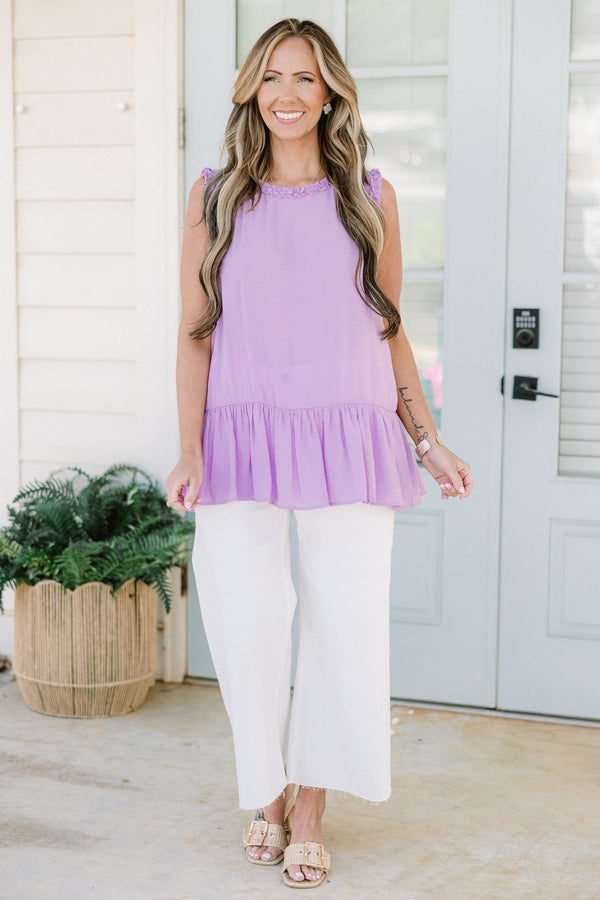 Chic Soul plus size clothing, purple sleeveless tank top with ruffle along bottom and ruffle lining sleeves and neckline