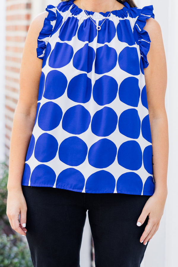 Chic Soul plus size clothing, sleeveless royal blue tank top with smocked neckline and ruffles along shoulders and white spotted pattern