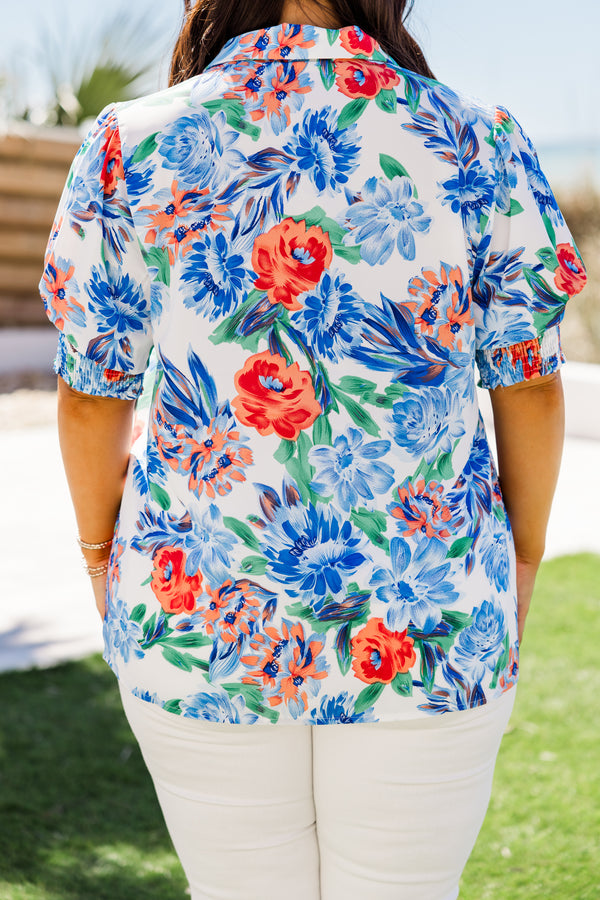 Chic Soul plus size clothing, short-sleeve blue collared buttoned top with a blue and white and orange tropical floral pattern 