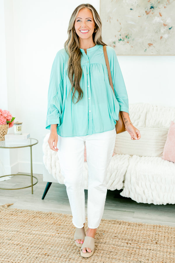 Chic Soul plus size clothing, quarter-sleeve aqua green buttoned top with high v-neckline 