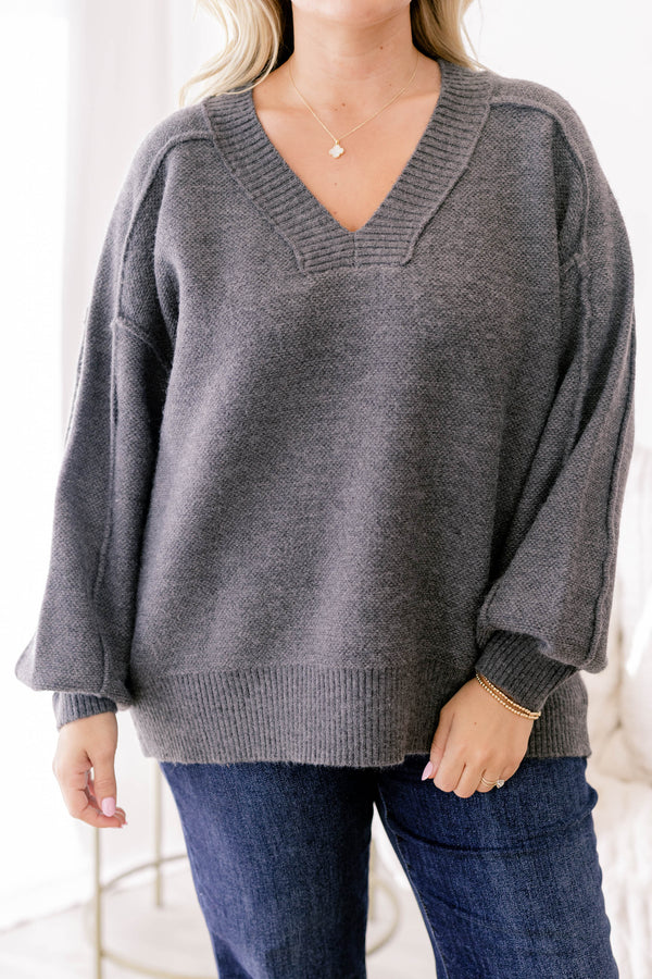 Chic Soul plus size clothing, charcoal gray v neck puffy long sleeve sweater