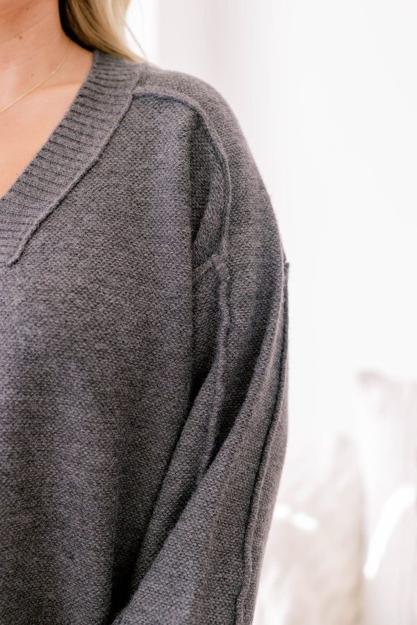 Chic Soul plus size clothing, charcoal gray v neck puffy long sleeve sweater