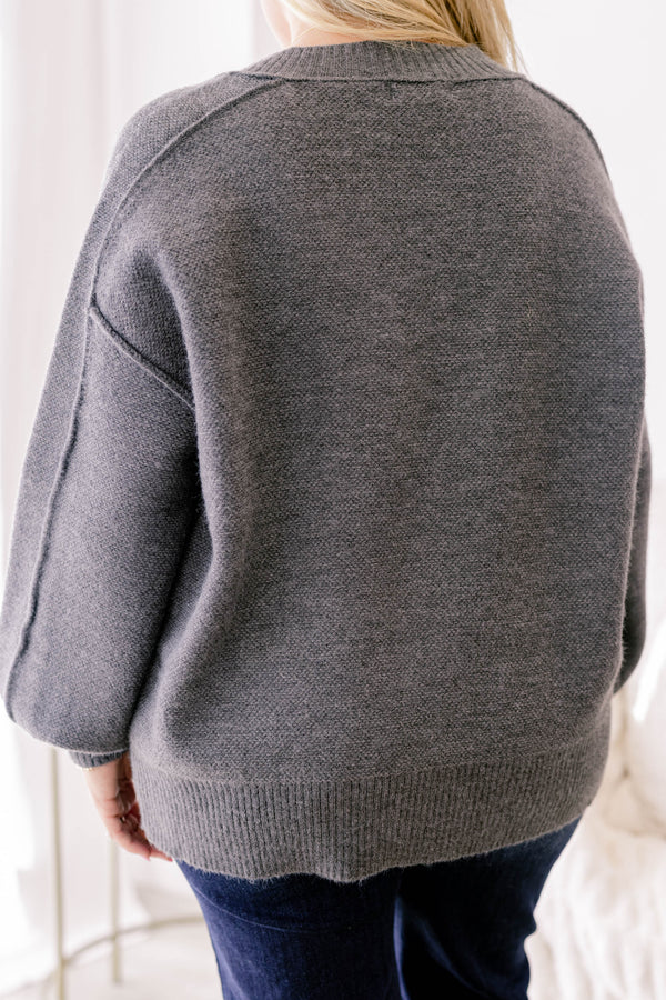 Chic Soul plus size clothing, charcoal gray v neck puffy long sleeve sweater