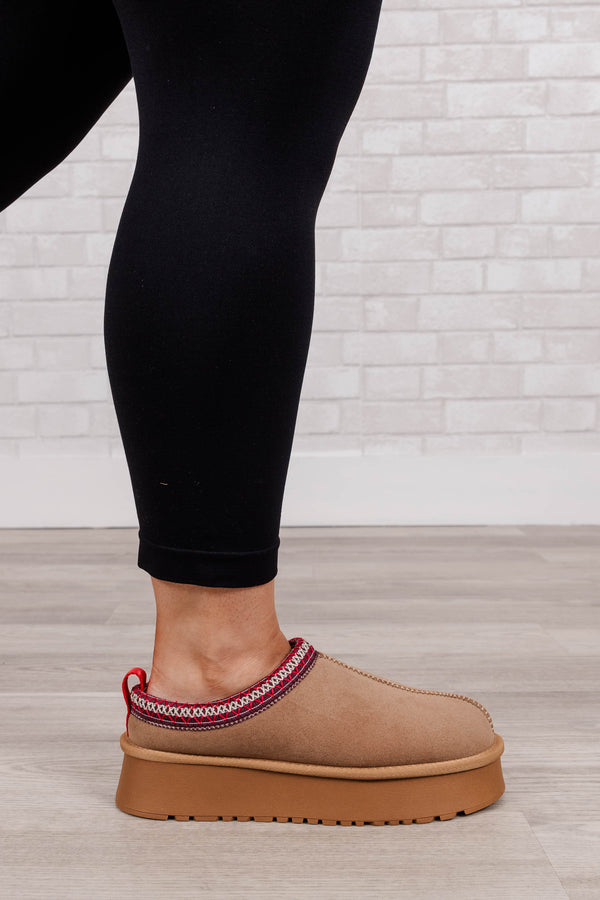 Chic Soul Plus size clothing, camel color  platform slippers with faux fur interior, red patterned band.