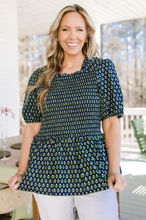 Chic Soul plus size clothing, short puff sleeve babydoll top with green and yellow floral pattern