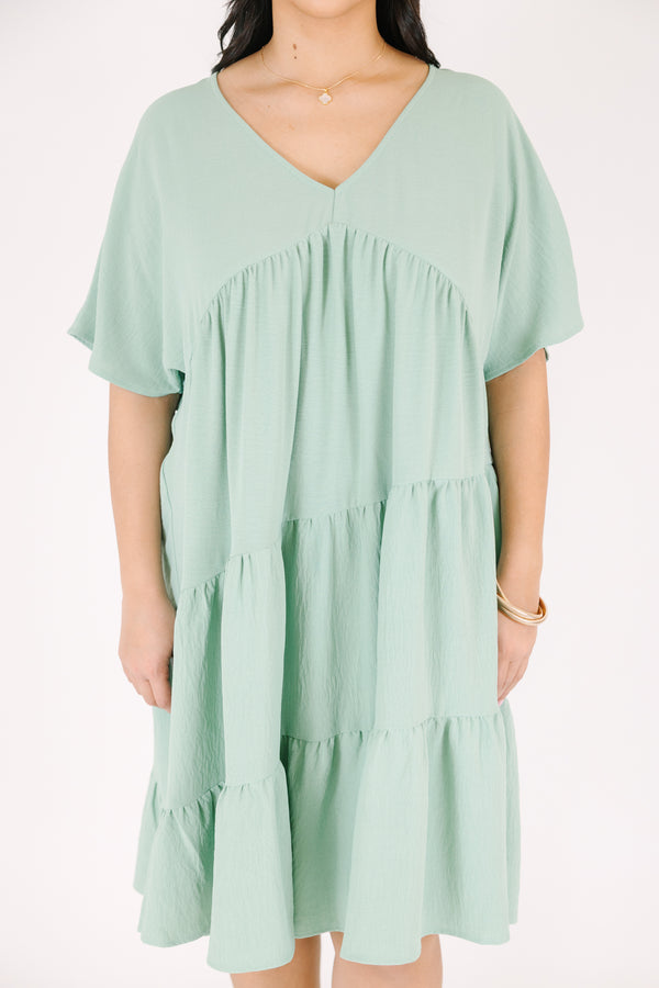 Chic Soul plus size clothing, short sleeve sage dress with ruffles and v-neckline