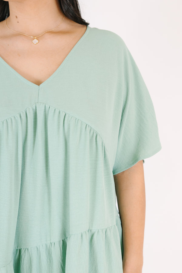 Chic Soul plus size clothing, short sleeve sage dress with ruffles and v-neckline