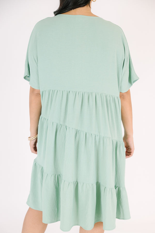 Chic Soul plus size clothing, short sleeve sage dress with ruffles and v-neckline