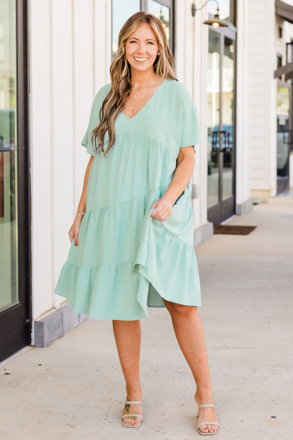 Chic Soul plus size clothing, short sleeve sage dress with ruffles and v-neckline