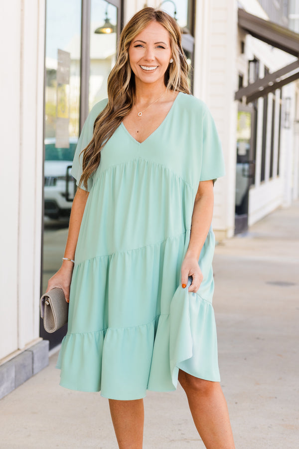 Chic Soul plus size clothing, short sleeve sage dress with ruffles and v-neckline