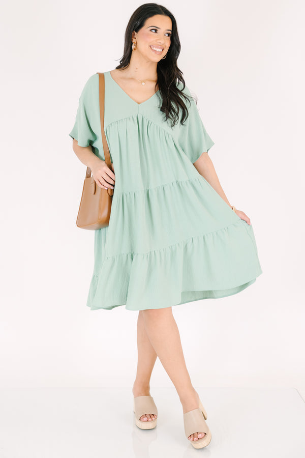 Chic Soul plus size clothing, short sleeve sage dress with ruffles and v-neckline